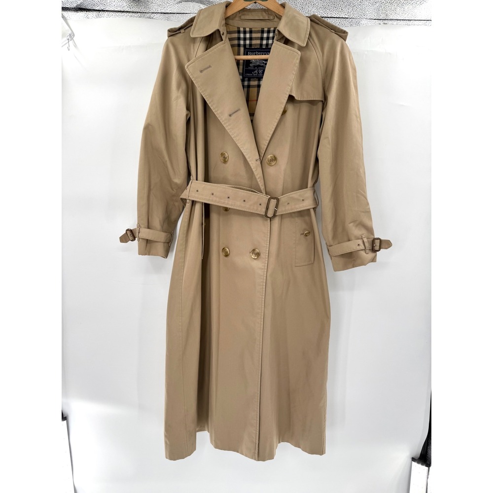 Burberrys Trench Coat Womens Tan 8 Long VTG Nova Check Belted Made in England